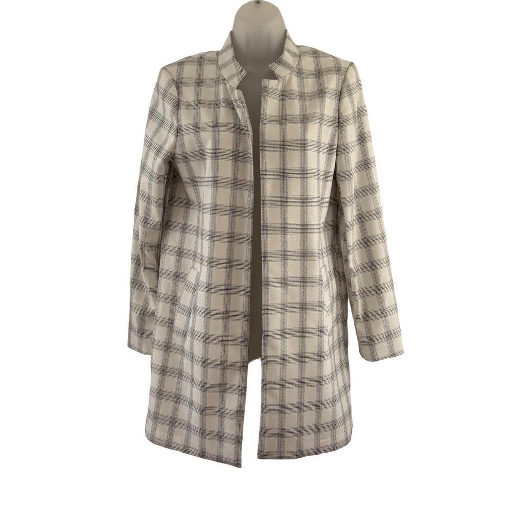Carolina Belle Coat Womens Medium White Plaid Crepe Open Front Overcoat Minimal